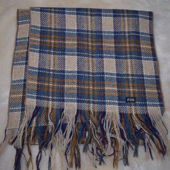 London Fog Plaid Wool Scarf Brown Blue - Picture 9 of 11